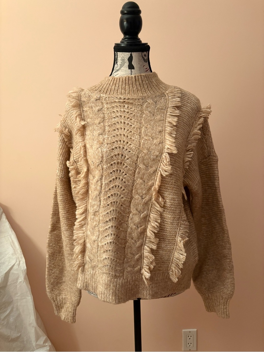 LOFT Beige Fringe Cable-Knit Crewneck Sweater